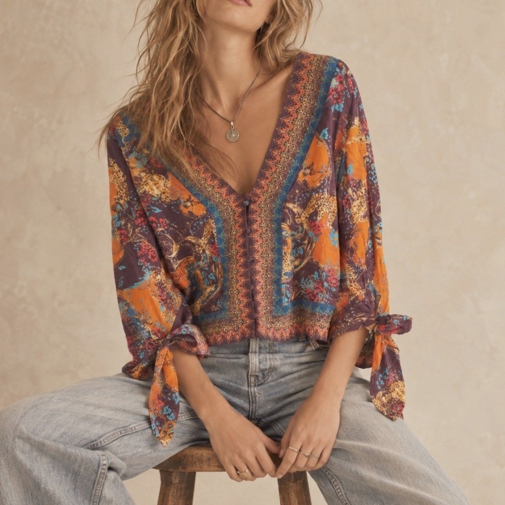 Free People Blouse Cropped Boho L Peasant Romantic Hippie Festival Fall Retro
